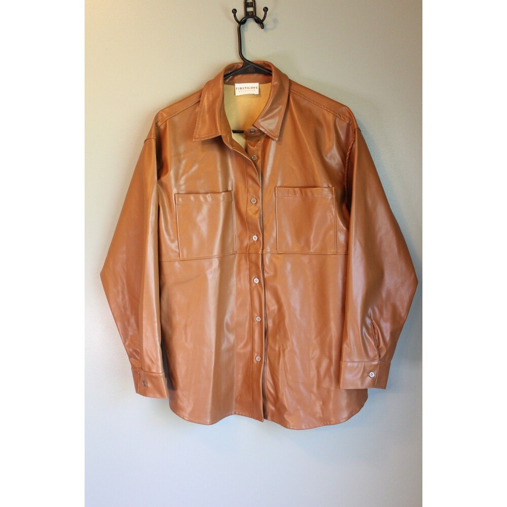 First Love Brown Faux Leather Button Front Jacket Women's Small With Pockets